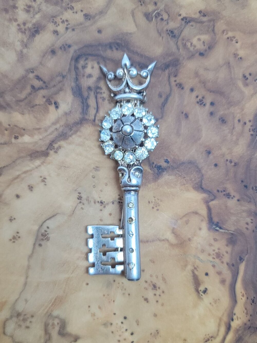 Vintage Sterling & Rhinestone Figural Crown Key Brooch by Alfred Philippe